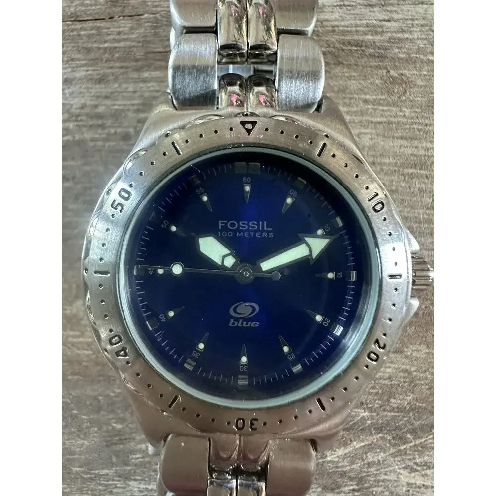 Fossil Mens Watch 35mm Blue Dial Diver AM-3715 Stainless Steel New Battery